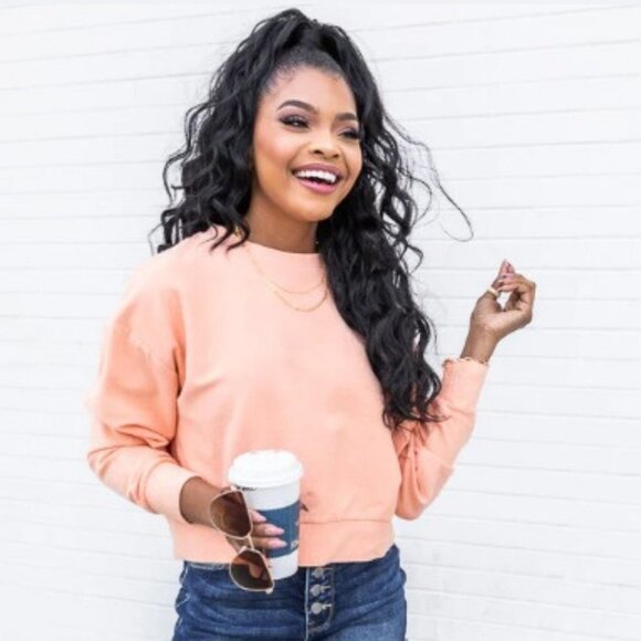 Pink Lily Women's Stellar Weekend Salmon Acid Wash Cropped Cord Sweatshirt - M - Picture 1 of 6